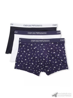 Quần lót nam Emporio Armani Pure Cotton Trunk 3-pack Marine/Printed Eclipse/White