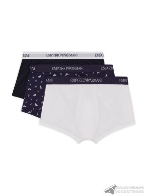 Quần lót nam Emporio Armani Pure Cotton Trunk 3-pack Marine/Printed Eclipse/White