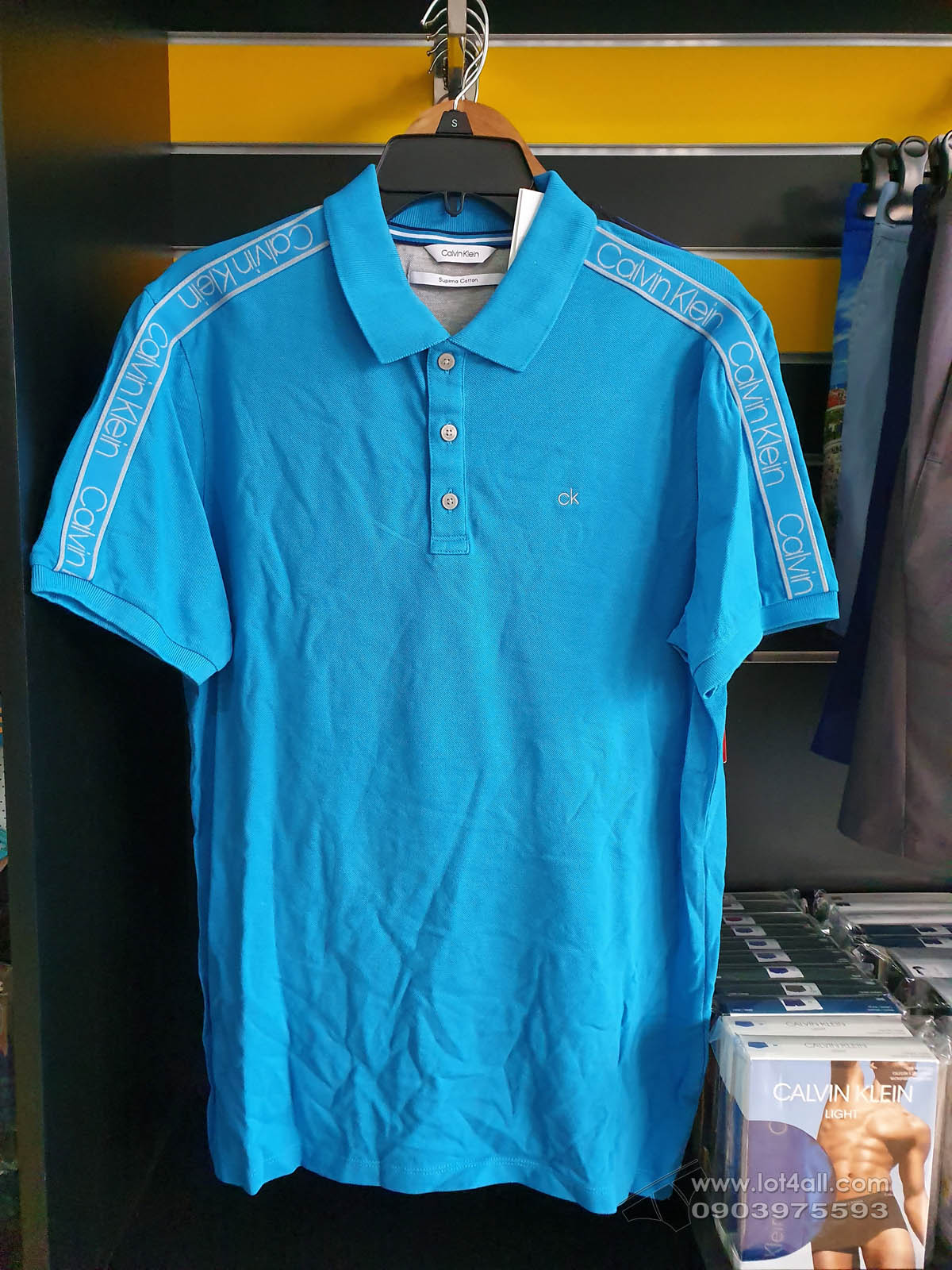 Áo thun nam Calvin Klein 6842 Regular Fit Logo Band Stripe Polo Shirt Dresden Blue