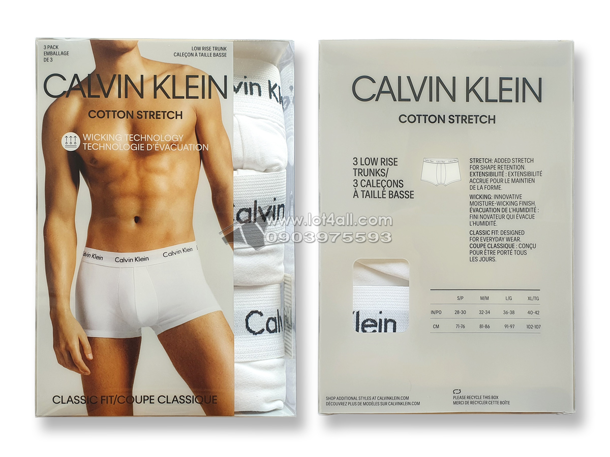 Quần lót nam Calvin Klein NB2614 Cotton Stretch Low Rise Trunk White