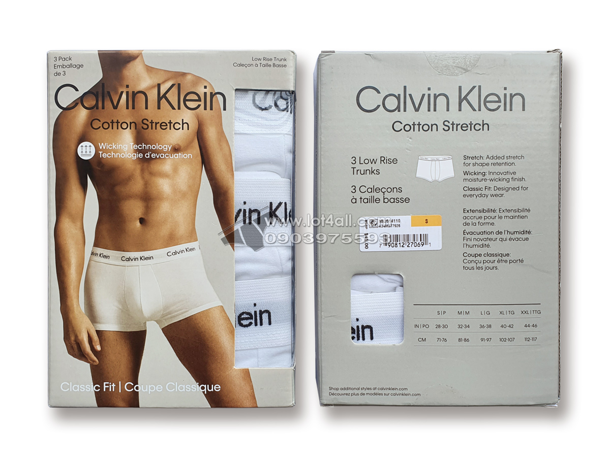 Quần lót nam Calvin Klein NB2614 Cotton Stretch Low Rise Trunk 3-pack White
