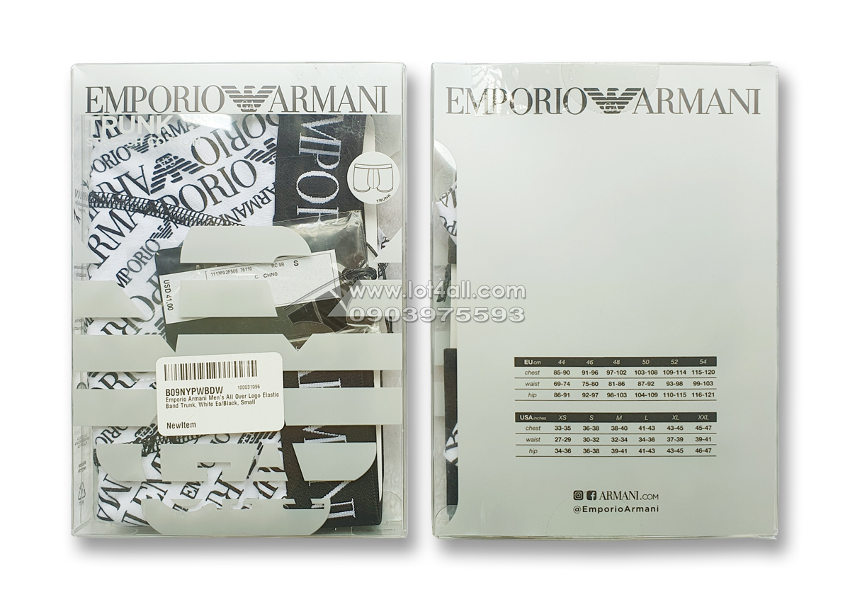 Quần lót nam Emporio Armani All Over Logo Elastic Band Cotton Trunk White EA/Black