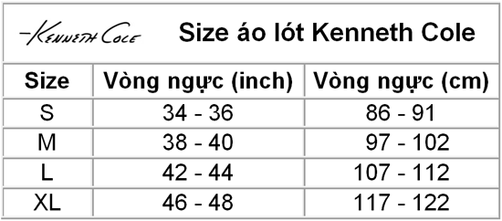 Size áo lót nam Kenneth Cole