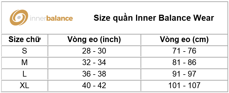 Size chart Inner Balance Wear