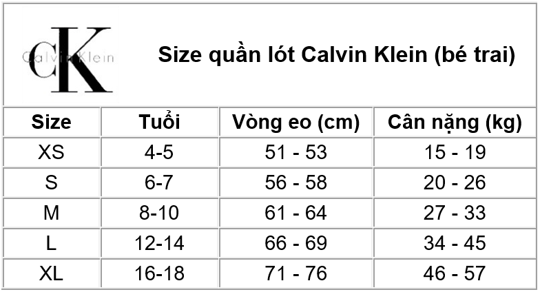 Thông tin size quần lót bé trai Calvin Klein