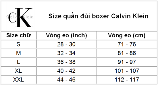 Size chart Calvin Klein